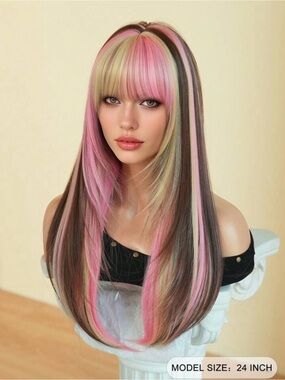 Multi-Tone Pink, Brown & Blonde Women’s Long Layered Wig with Bangs